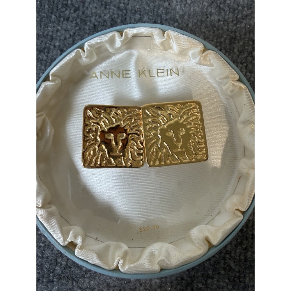 Vintage Anne Klein Lion Face Gold Tone Clip Earrings Original Box